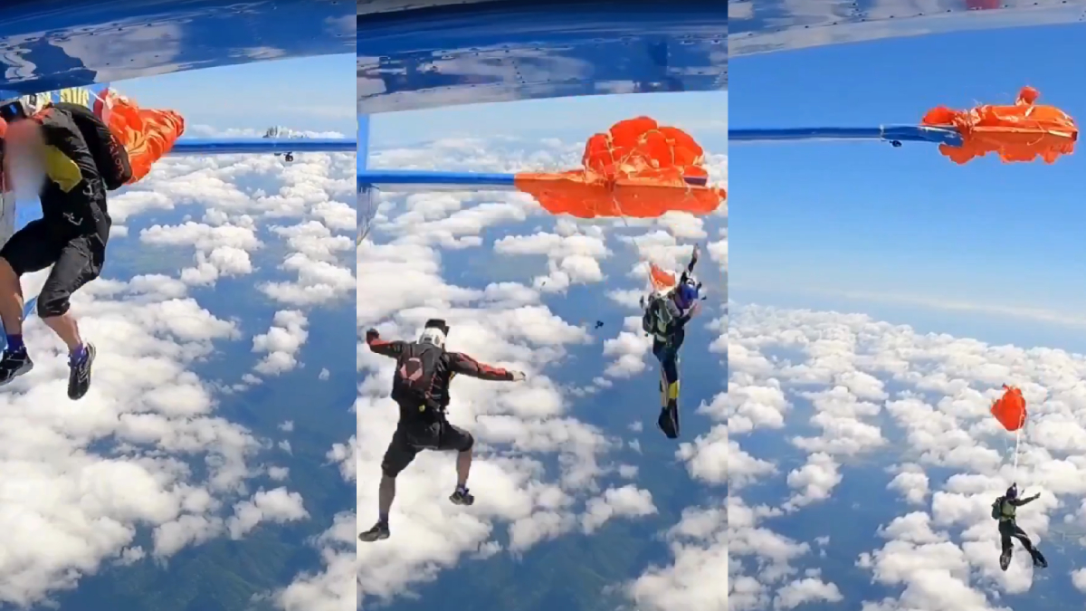 15 ಸಾವಿರ ಅಡಿಗಳ ಎತ್ತರದಲ್ಲಿ ಸ್ಕೈಡೈವರ್‌ನ ಪ್ಯಾರಾಚೂಟ್ ವಿಮಾನಕ್ಕೆ ಸಿಕ್ಕಿಹಾಕಿಕೊಂಡ ದೃಶ್ಯ