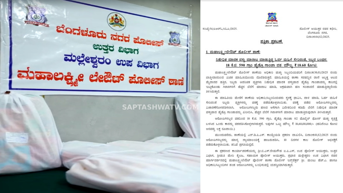 Bengaluru Drug Bust: Couple Arrested with ₹18.6 Cr Hydro Ganja in Mahalakshmi Layout