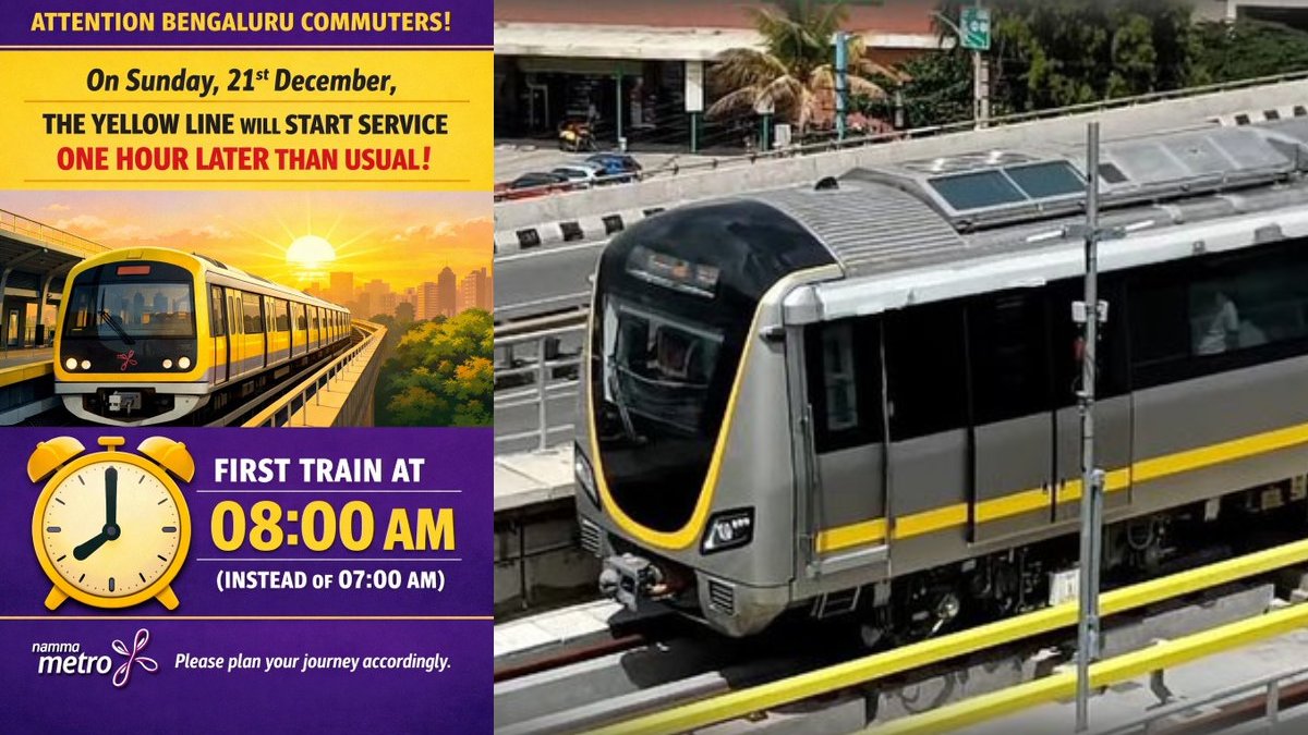 Bangalore Metro Alert: BMRCL Annouces Yellow Line Services to Start One Hour Late on December 21
