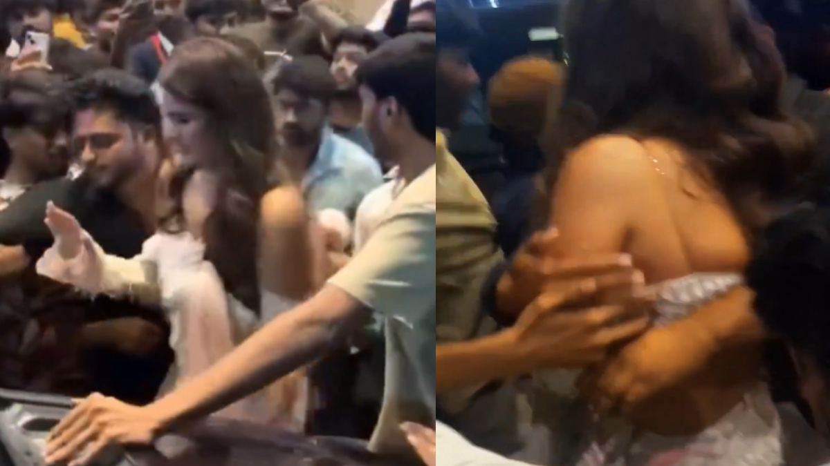 Chaos in Hyderabad: Actress Nidhi Agarwal Mobbed During ‘The Raja Saab’ Promotions | Photo Credit: https://x.com/TheBharatSquad