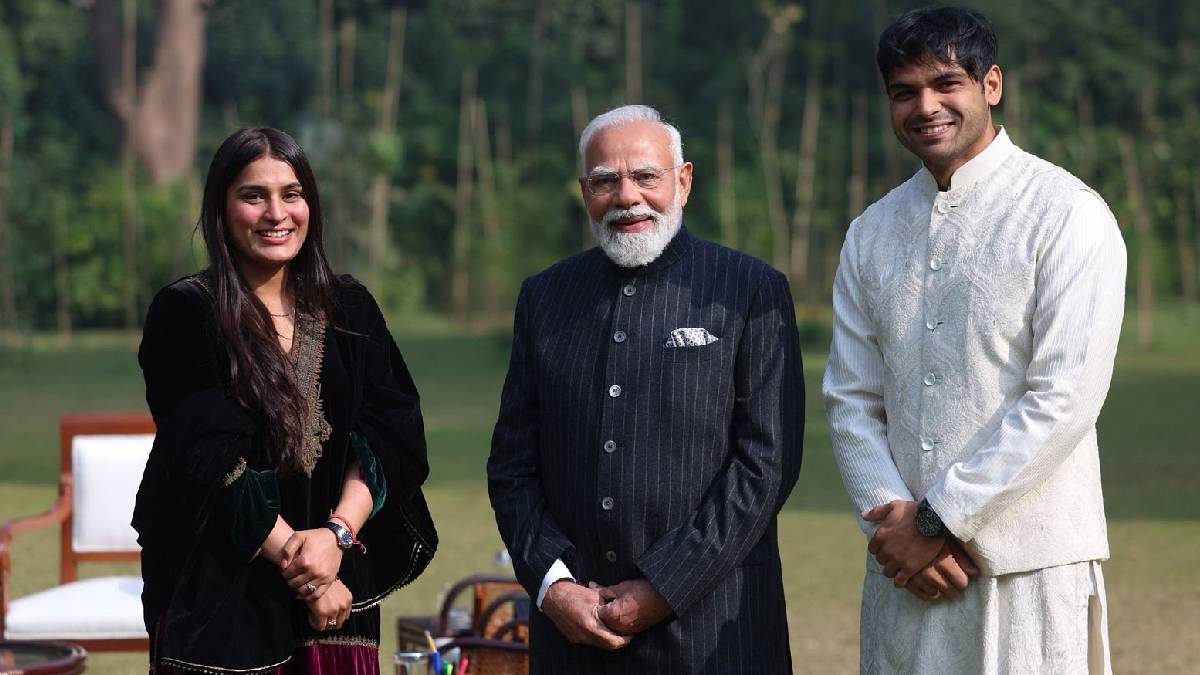 PM Modi Hosts Olympic Champion Neeraj Chopra and Wife at New Delhi Residence
