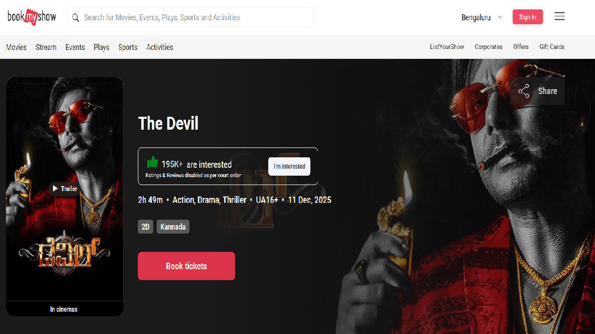 Court Order Halts Reviews for Darshan's 'The Devil' on BookMyShow Amid Controversy