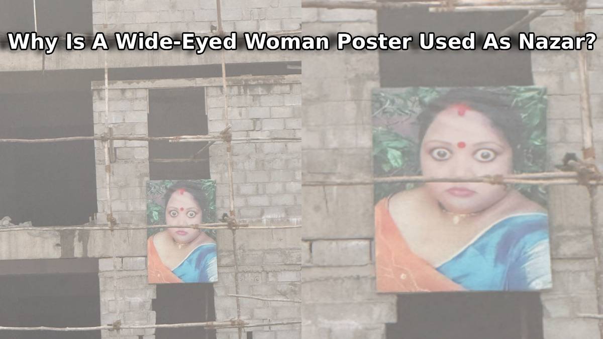 Why Is A Wide-Eyed Woman Poster Used As Nazar? A Viral Street Art Mystery in India | Photo Credit: X : @unitechy