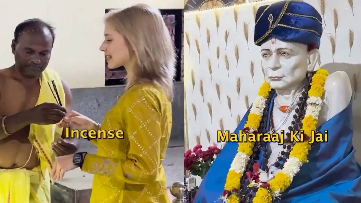 Russian Woman’s Prayer in Indian Temple – A Peaceful Moment of Cross-Cultural Devotion