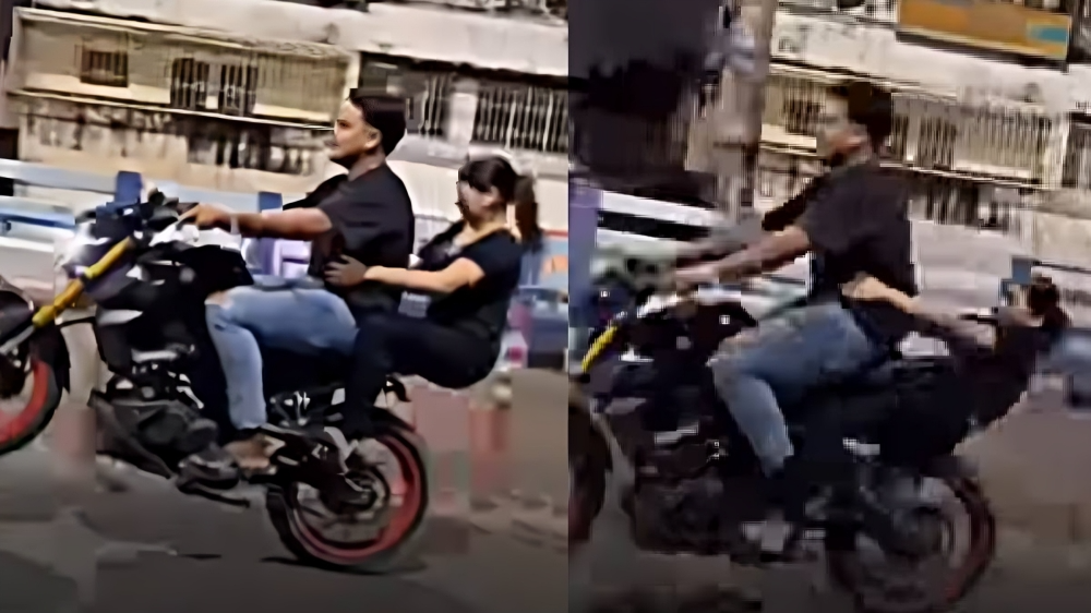 ಬೈಕ್ ವೀಲಿಂಗ್ ಹುಚ್ಚಾಟ: ಸ್ಟಂಟ್ ಪ್ರದರ್ಶಿಸಲು ಹೋಗಿ ಪ್ರೇಯಸಿಗೆ ಗಂಭೀರ ಗಾಯ!!