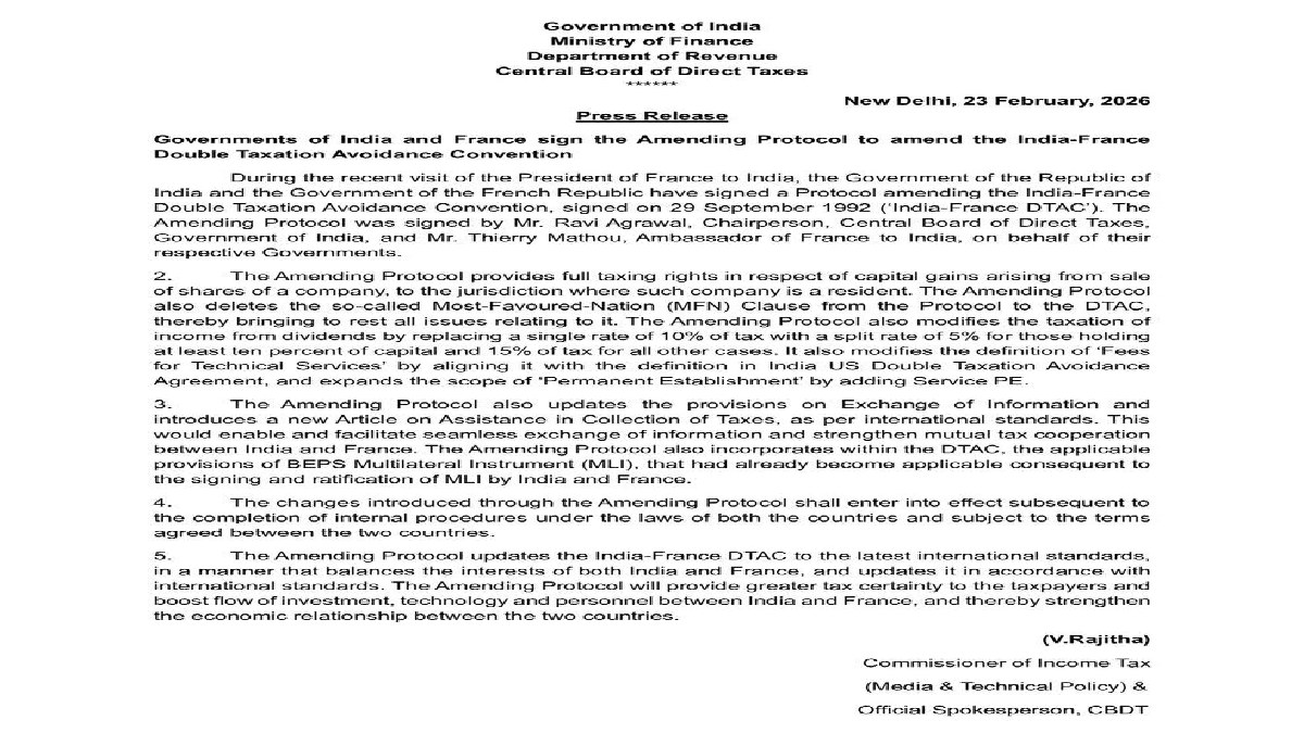 India and France Sign Amending Protocol to Update DTAC