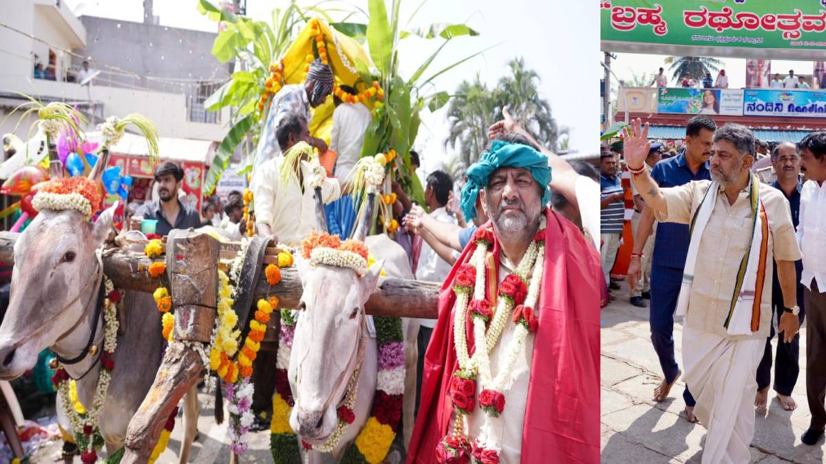 ರಾಮನಗರ: ಬ್ರಹ್ಮ ರಥ ಎಳೆದು ಪ್ರಾರ್ಥನೆ ಸಲ್ಲಿಸಿದ ಡಿ.ಕೆ. ಶಿವಕುಮಾರ್ – ಭಕ್ತರ ಮೆಚ್ಚುಗೆ!!
