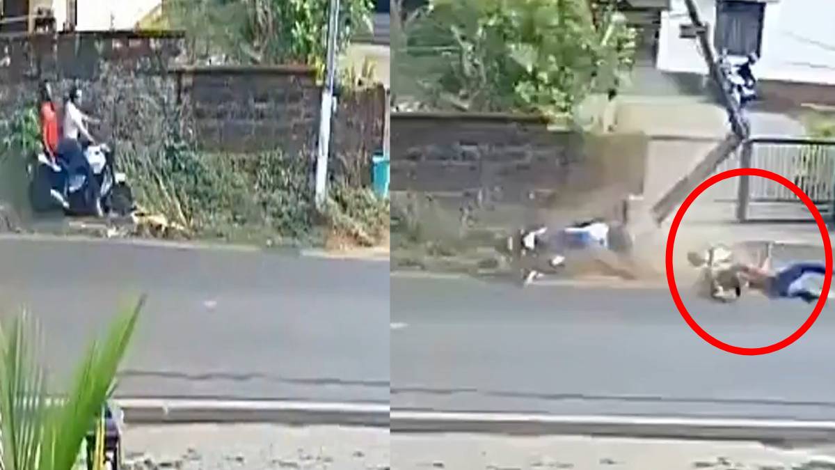 ವಿದ್ಯುತ್ ಕಂಬಕ್ಕೆ ಡಿಕ್ಕಿ ಒಡೆದು ಬಿದ್ದ ಘಟನೆ - ಸಿಸಿಟಿವಿಯಲ್ಲಿ ಸೆರೆಯಾಯ್ತು ಬೆಚ್ಚಿಬೀಳಿಸುವ ದೃಶ್ಯ!!