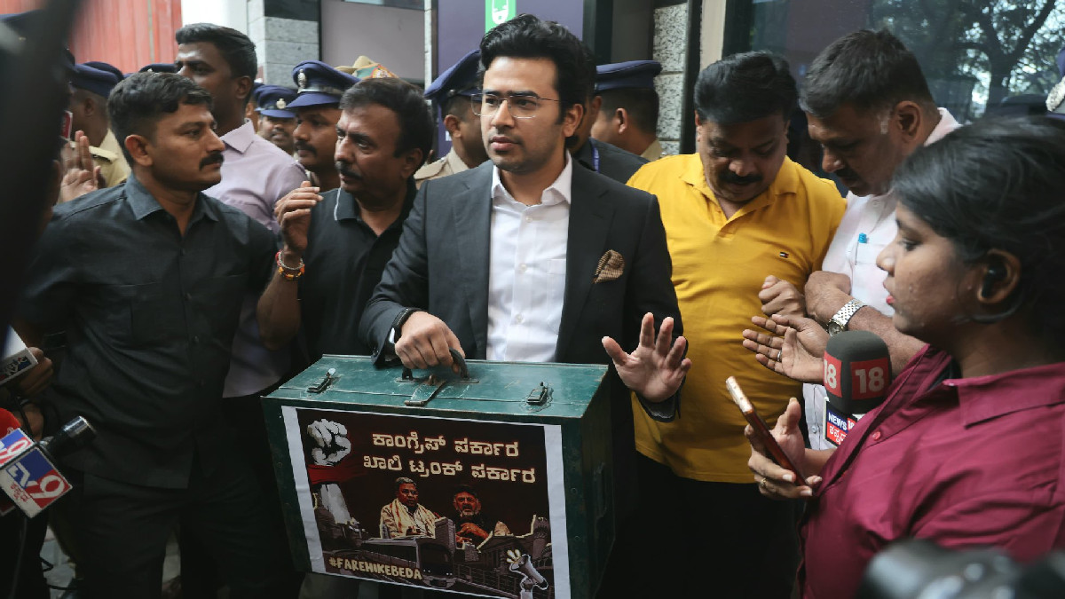 Tejasvi Surya Detained During ‘Khali Trunk’ Protest; Slams Congress Over ‘Broken’ Karnataka Finances