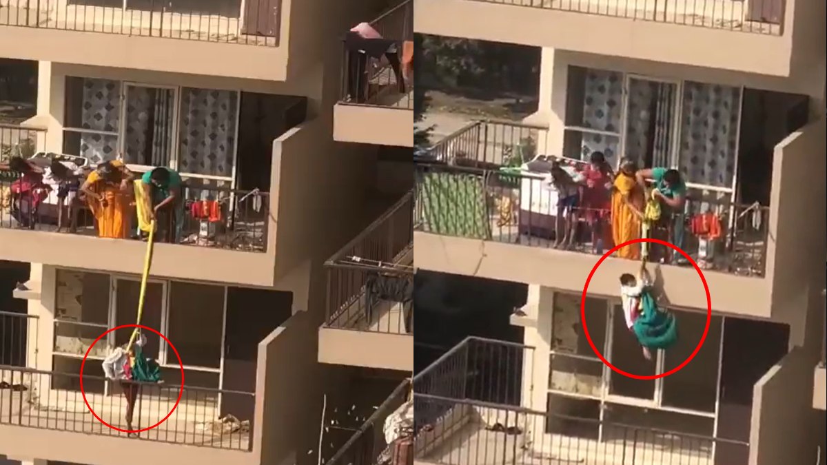Mother Lowers Son With Saree From 4th Floor to Fetch Clothes | Photo Credit: https://x.com/gharkekalesh