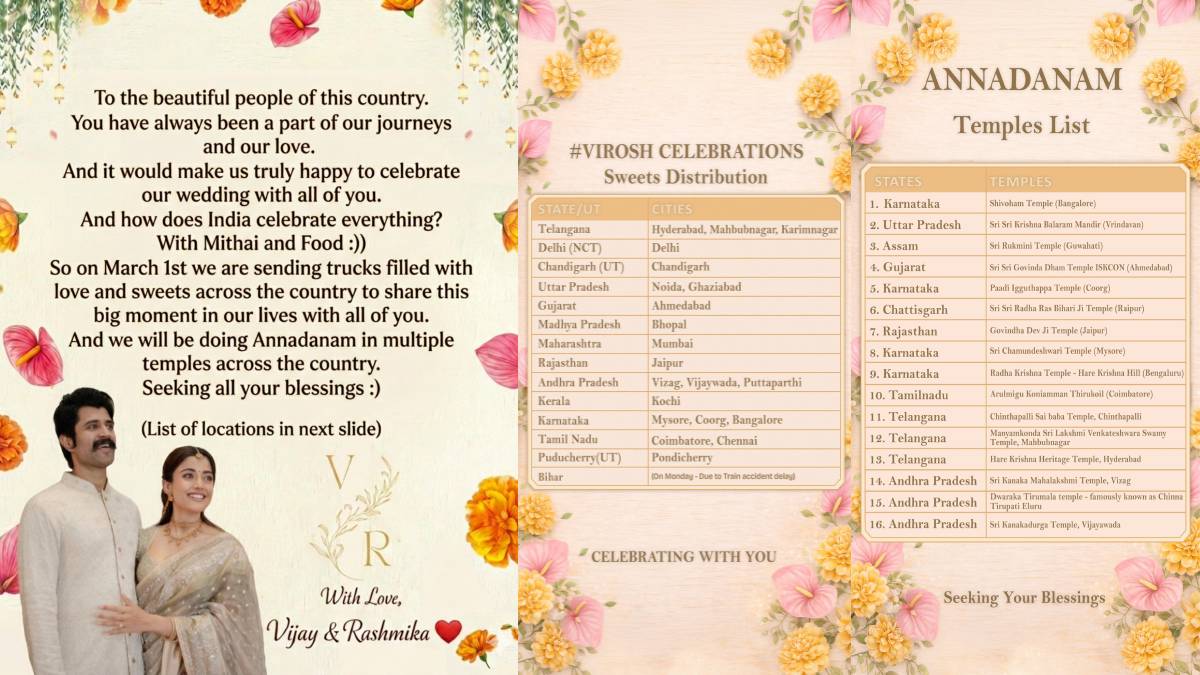 Rashmika and Vijay Celebrate Wedding Joy Through Annadanam and Sweets Across India