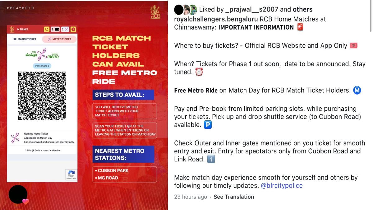 RCB Fans Get Free Metro Travel for IPL Matches at Chinnaswamy Stadium