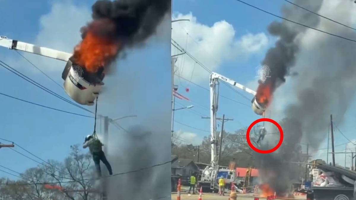 ವಿದ್ಯುತ್ ಲೈನ್ ದುರಸ್ತಿ ವೇಳೆ ಭೀಕರ ದುರಂತ - ಹೊತ್ತಿ ಉರಿಯುತ್ತಿದ್ದ ಟ್ರಕ್‌ನಿಂದ ಜಿಗಿದ ಕಾರ್ಮಿಕ!! ವಿಡಿಯೋ;