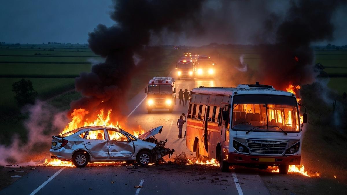 Six Killed in Fiery Car-Bus Collision Near Devapur in Karnataka’s Yadgir District