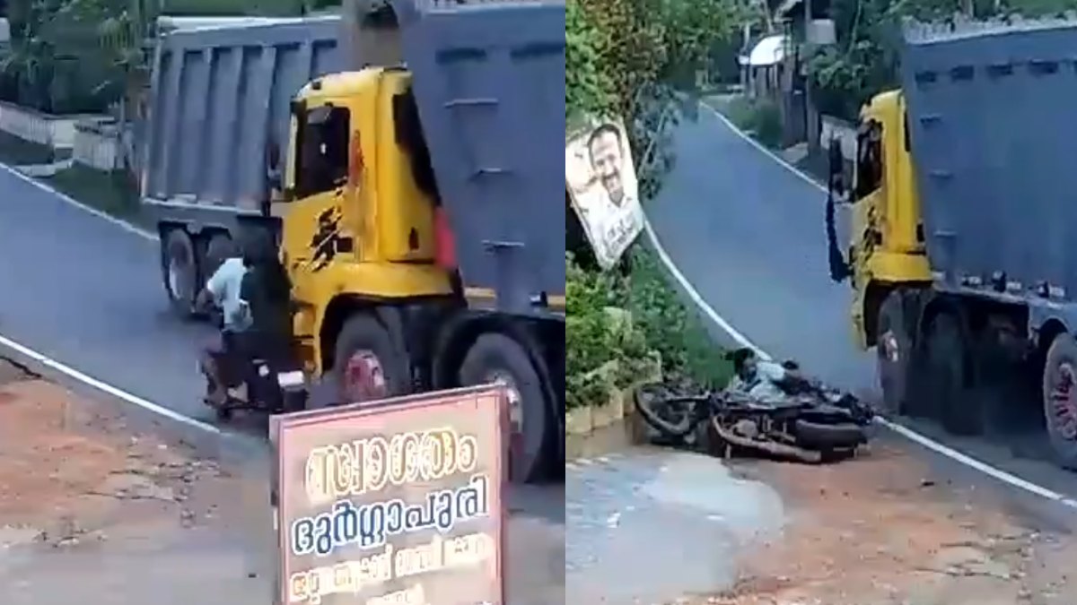 Kerala Near Accident CCTV: Truck Driver Saves Biker in Narrow Road Incident