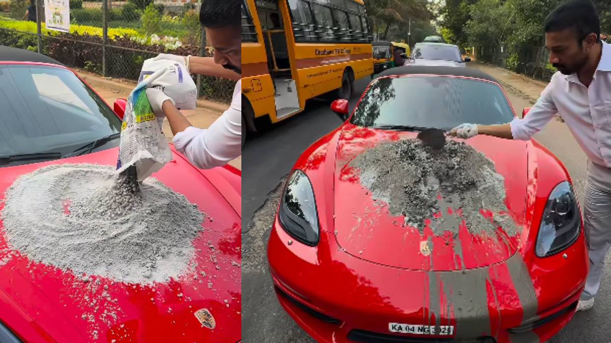 ಬೆಂಗಳೂರು ಗುಂಡಿಗಳ ಆರ್ಭಟ - ಪೋರ್ಷೆ ಕಾರಿನ ಬಾನೆಟ್ ಮೇಲೆ ಸಿಮೆಂಟ್ ಕಲೆಸಿದ ವಿಡಿಯೋ ಈಗ ಫುಲ್ ವೈರಲ್!!