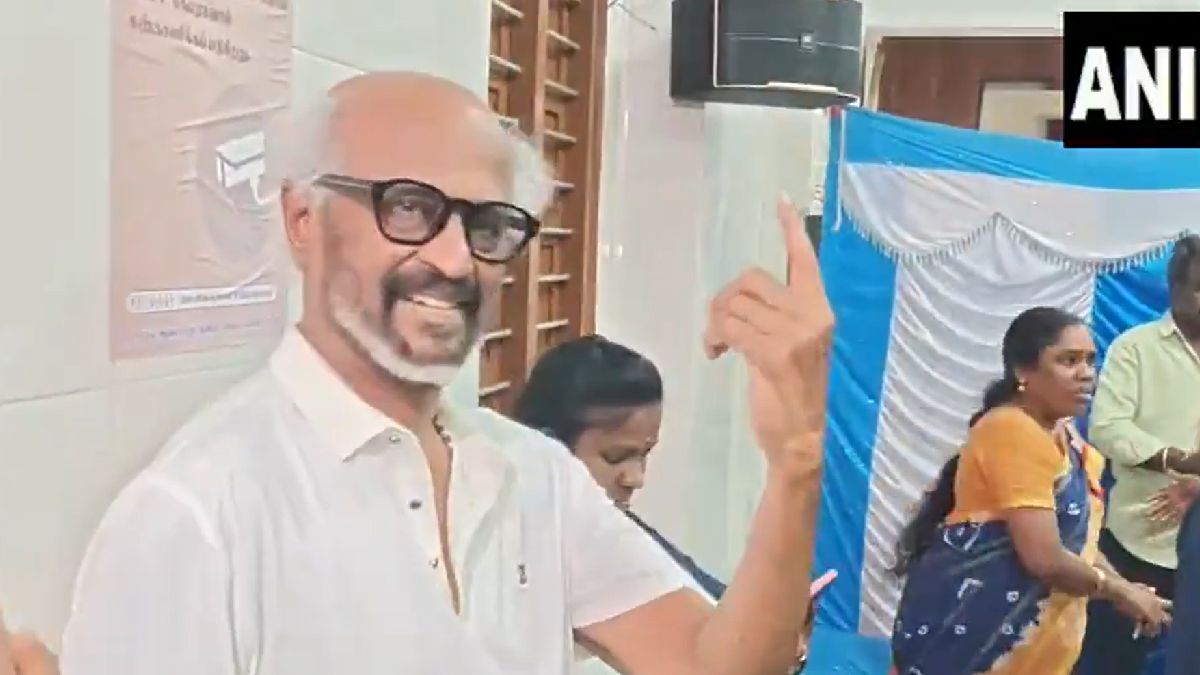 Tamil Nadu Elections 2026 | Superstar Rajinikanth shows his inked finger after casting his vote at Stella Maris School in Chennai. | Photo Credit: ANI