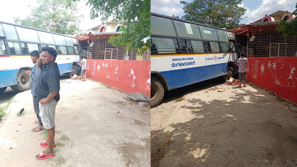 ಬೈಕ್ ಸವಾರನ ಪ್ರಾಣ ಉಳಿಸಲು ಹೋಗಿ ದೇವಸ್ಥಾನಕ್ಕೆ ಗುದ್ದಿದ ಬಿಎಂಟಿಸಿ ಬಸ್ - ತಪ್ಪಿದ ಭಾರಿ ಅನಾಹುತ!!