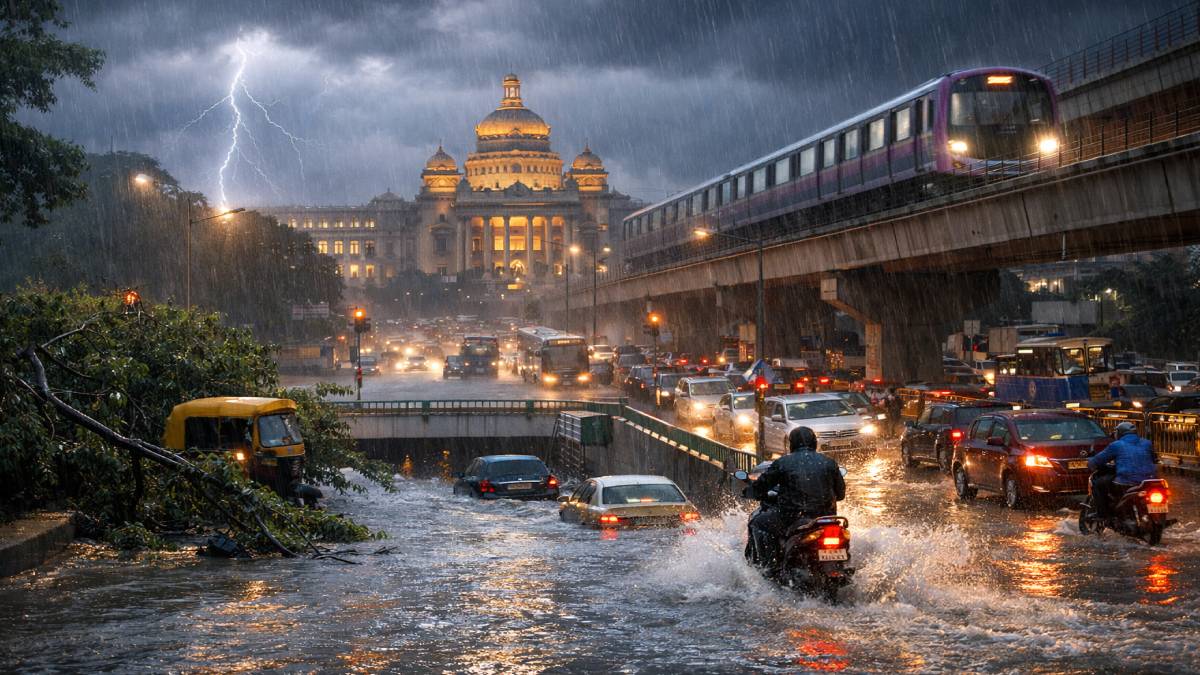 ಮಳೆ-ಗಾಳಿ ತೀವ್ರತೆ: ಟ್ರಾಫಿಕ್ ಜಾಮ್‌ನಲ್ಲಿ ನಲುಗಿದ ಬೆಂಗಳೂರು; | Photo Credit: AI