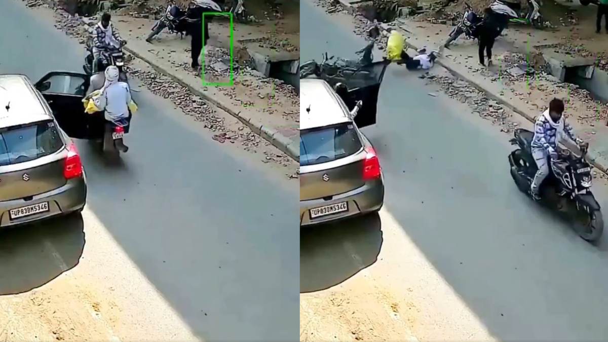 CCTV Captures Shocking Bike Crash Into Car Door in Uttar Pradesh's Firozabad, Two Seriously Injured