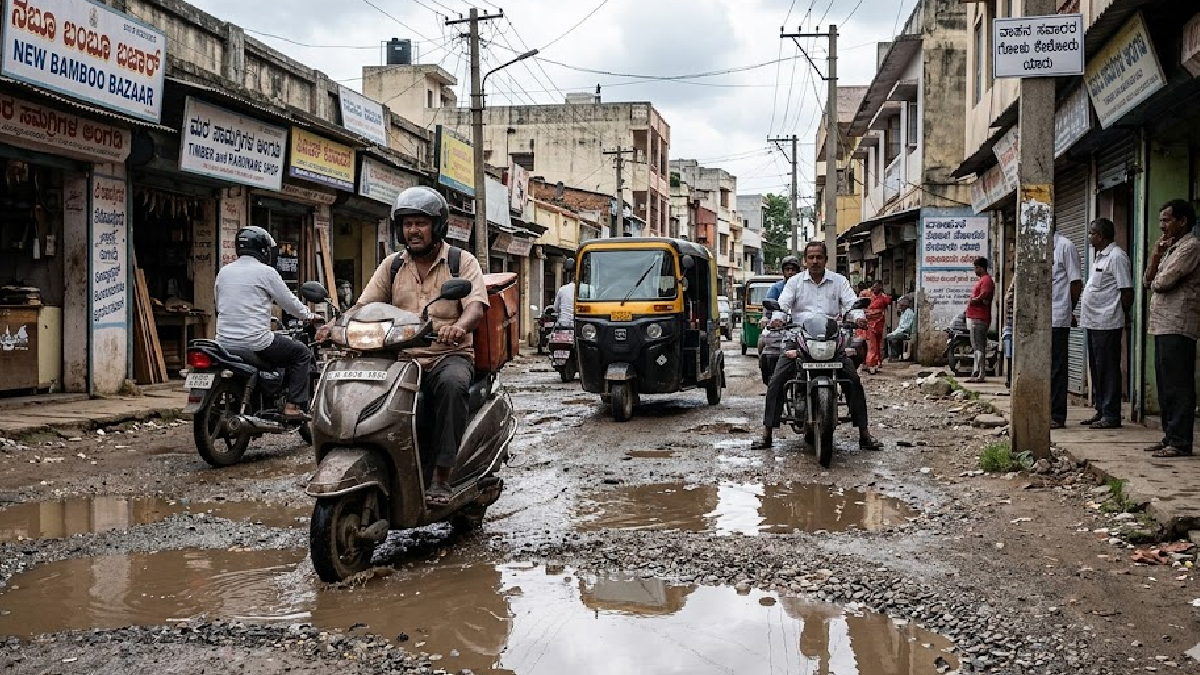 ವಾಹನ ಸವಾರರ ಗೋಳು ಕೇಳೋರು ಯಾರು - ನ್ಯೂ ಬಂಬೂ ಬಜಾರ್ ರಸ್ತೆಯಲ್ಲಿ ಗುಂಡಿಗಳ ಹಾವಳಿ!1