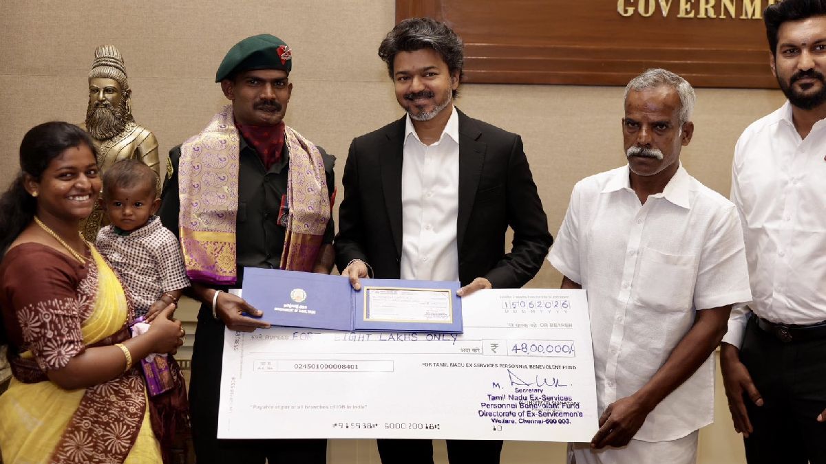 Tamil Nadu CM Vijay Honors Kirti Chakra Awardee Lance Naik Sundaram with ₹48 Lakh Cheque