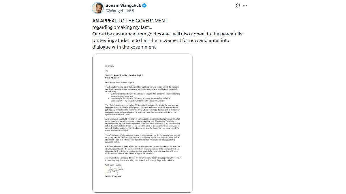Sonam Wangchuk Appeals to Government, Links End of Fast to Official Assurance