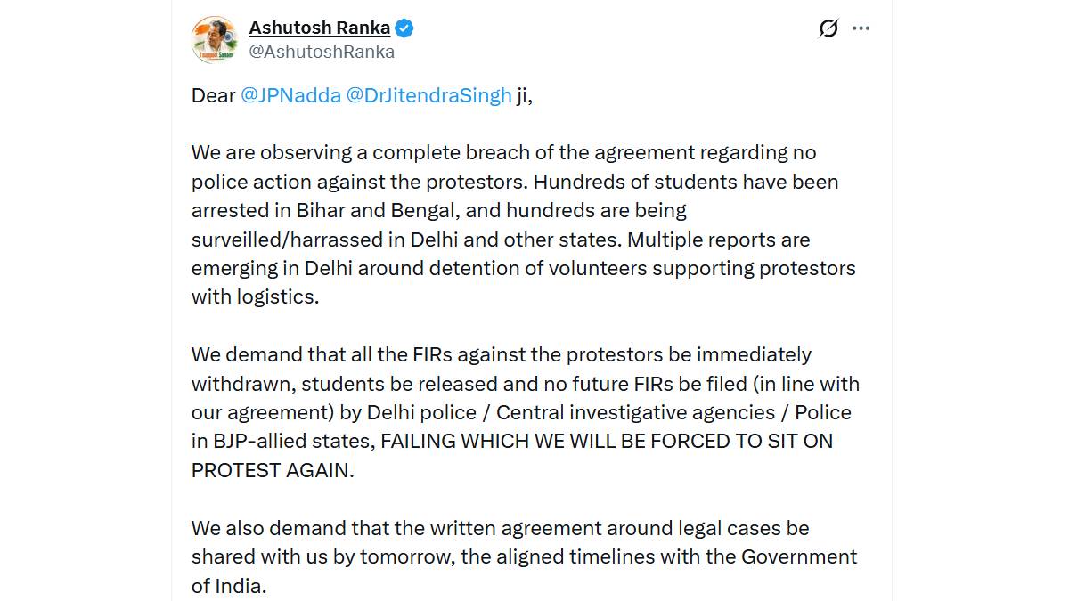 Ashutosh Ranka Accuses Authorities of Violating Protest Deal, Demands Release of Students