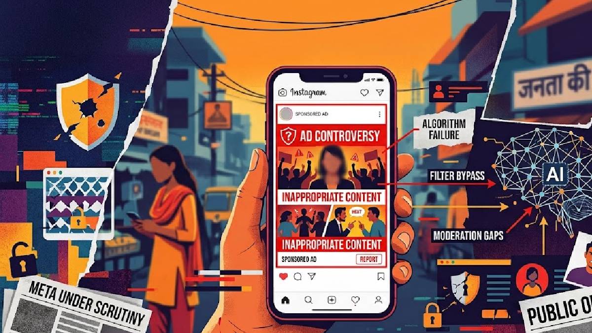 Instagram feed with blurred or flagged advertisement content, symbolizing concerns about unsafe ads bypassing in India | Photo Credit: Ai generated
