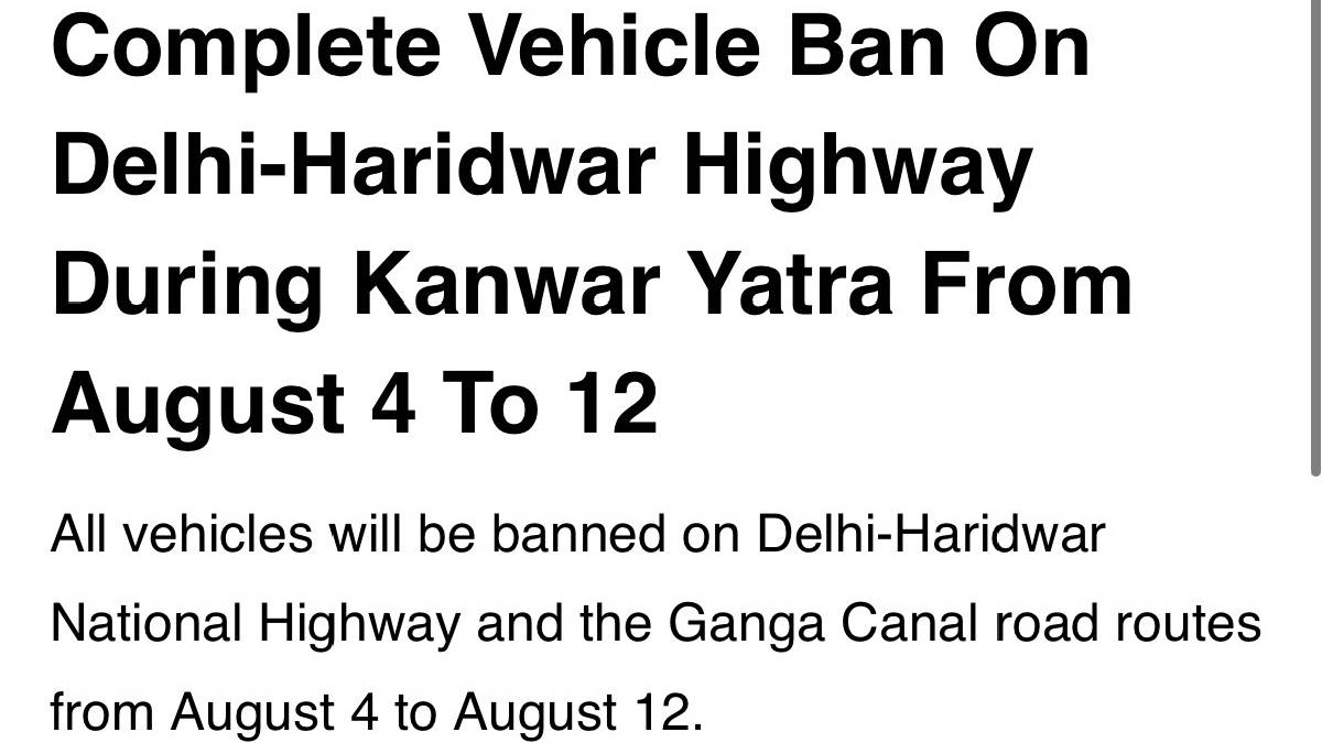 Delhi–Haridwar Highway to Be Reserved for Kanwar Yatra Pilgrims from August 4 to 12