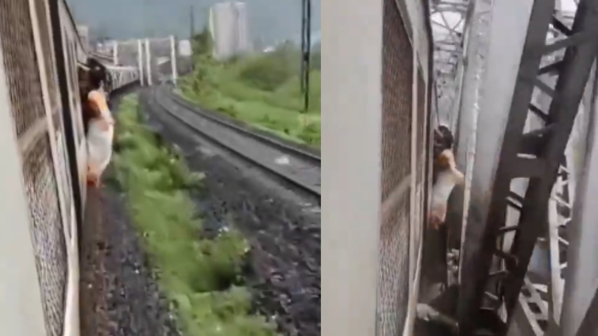 Viral Video of Woman Hanging From Mumbai Local Train Raises Passenger Safety Concerns | Photo Credit: https://x.com/rameshofficial0
