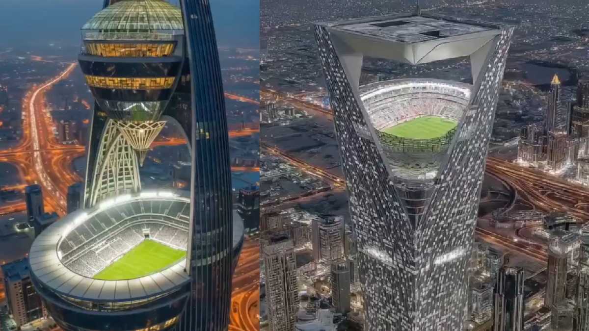Saudi Arabia's futuristic 350-metre-high FIFA World Cup 2034 stadium | Photo Credit: https://x.com/sputnik_jp