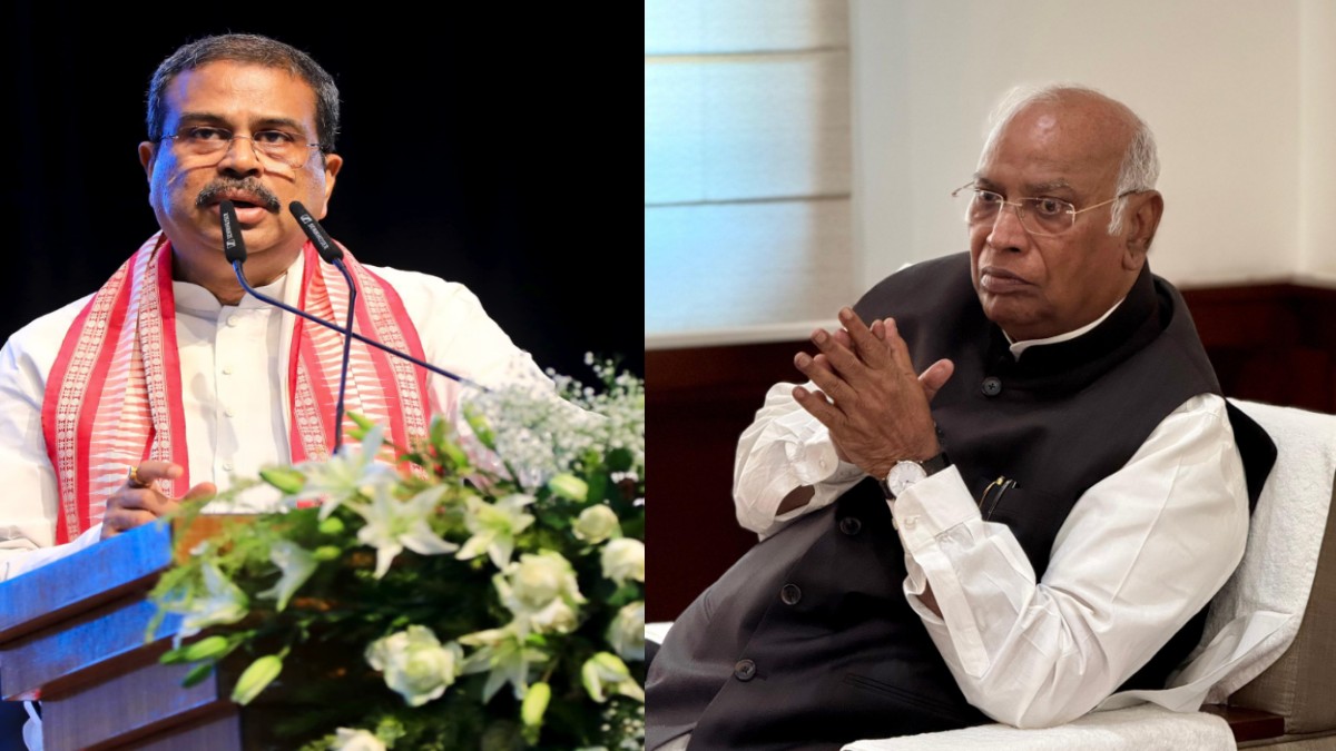 Mallikarjun Kharge Demands Dharmendra Pradhan’s Resignation in Rajya Sabha Over Education Issues | Photo Credit: https://x.com/