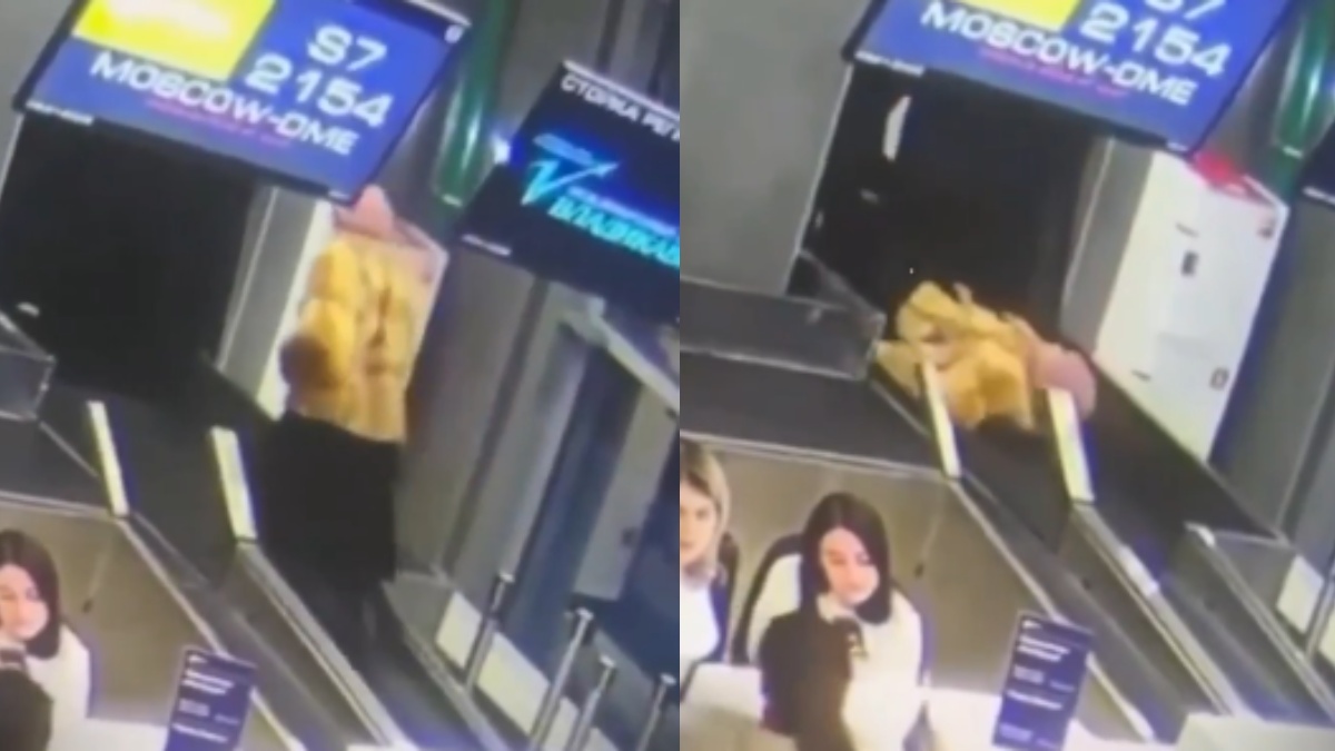 Airport Viral Video: Senior Woman Accidentally Steps Onto Baggage Conveyor Belt in Russia