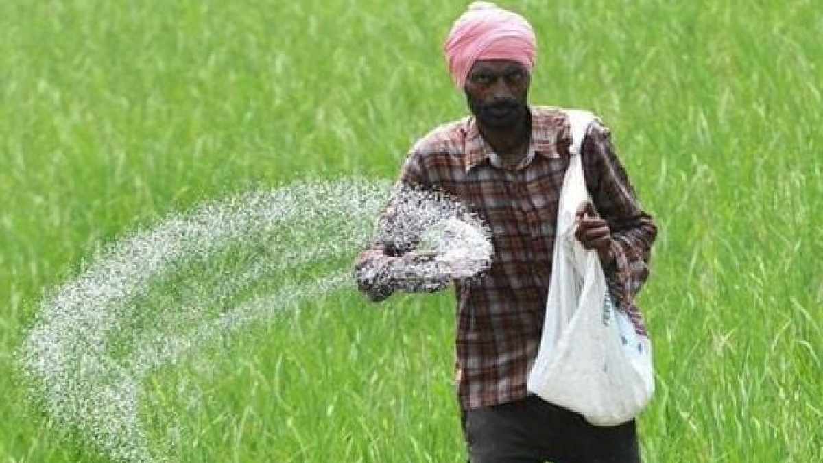 Farmer applying fertilizer in a green field in Uttar Pradesh | Photo Credit: https://x.com/ramanmann1974