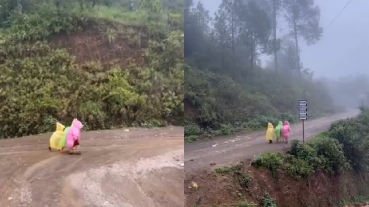 Viral Video of Three Kids Walking to School in Colourful Raincoats Wins Hearts | Photo Credit: https://x.com/Arpitayadavv