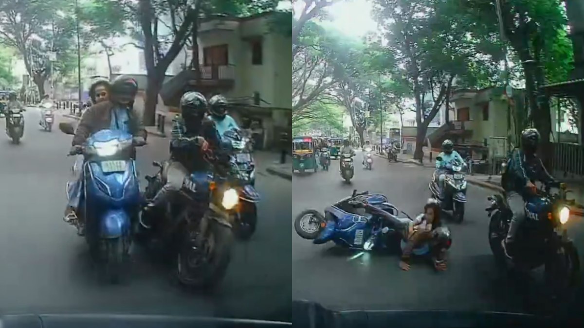 ಕ್ವೀನ್ಸ್ ರಸ್ತೆಯಲ್ಲಿ RE ಹಂಟರ್ ಬೈಕ್ ಸವಾರ ಜಿಗ್-ಜಾಗ್ ಚಾಲನೆ ಮಾಡಿ ಸ್ಕೂಟರ್‌ಗೆ ಡಿಕ್ಕಿ | Photo Credit: https://x.com/motordave2