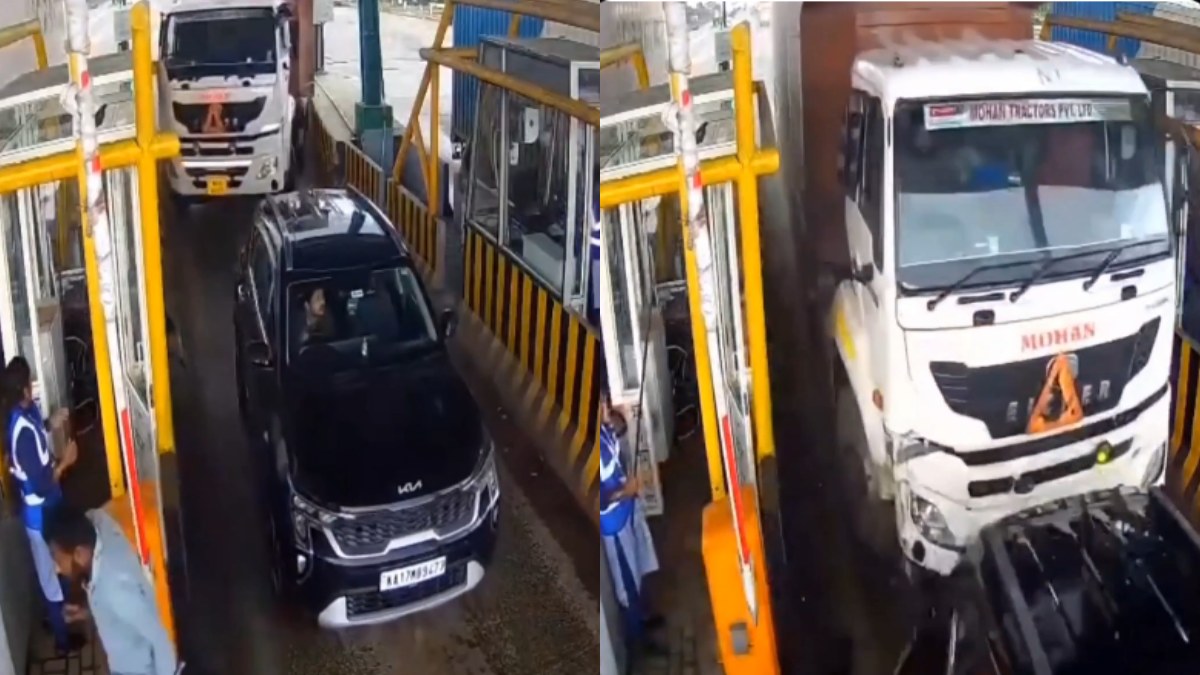Davanagere Toll Plaza Accident: Speeding Container Truck Crashes Into Car, Occupants Escape