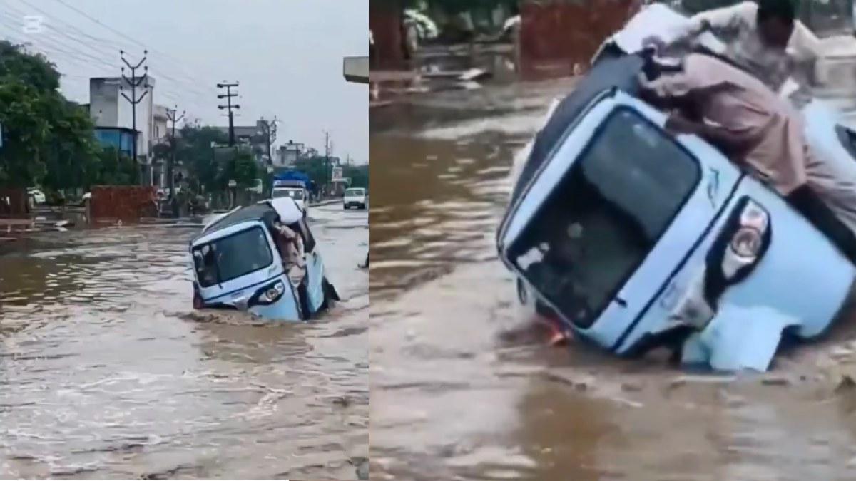 Ghaziabad Rain Fury: Autorickshaw Overturns in Flooded Street, Passengers Trapped
