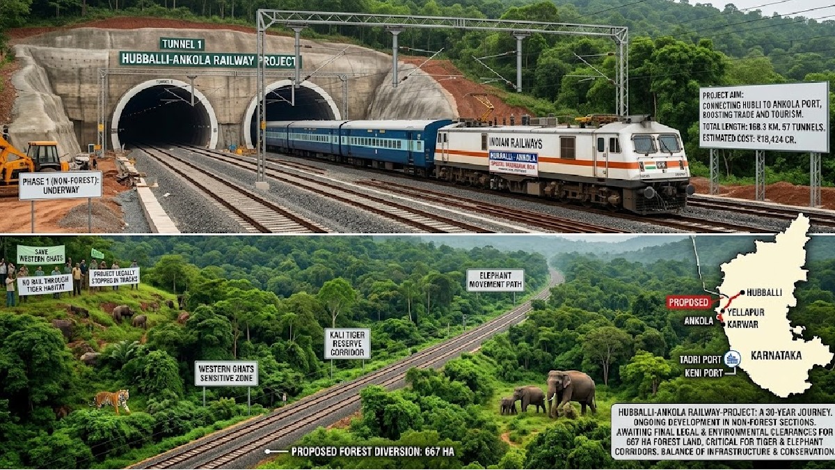 ಹುಬ್ಬಳ್ಳಿ–ಅಂಕೋಲಾ ರೈಲ್ವೆ ಯೋಜನೆಗೆ ಪರಿಷ್ಕೃತ ರೂಪದಲ್ಲಿ ಮರುಚಾಲನೆ | Photo Credit: AI