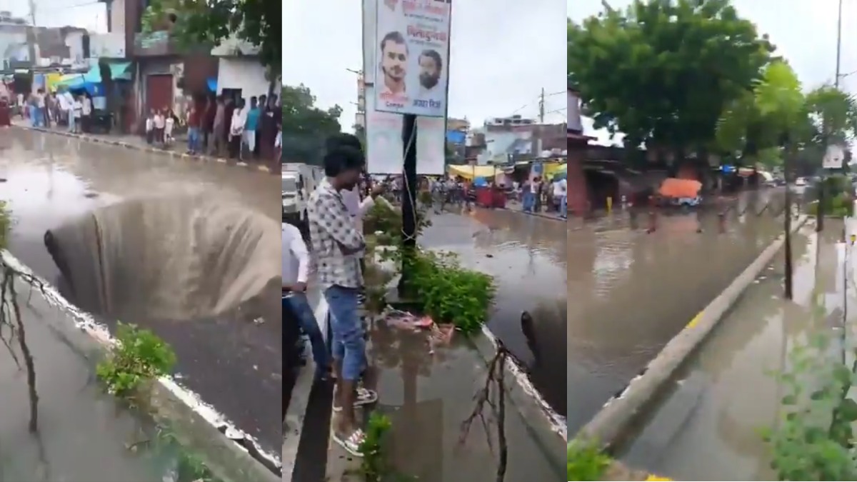 Kanpur Road Crater Turns Into Waterfall After Torrential Rain
