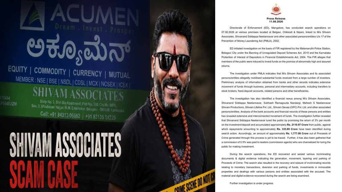 ED Uncovers ₹2,110 Crore Investment Scam in Karnataka; Shivam Associates Accused of Defrauding Thousands of Investors