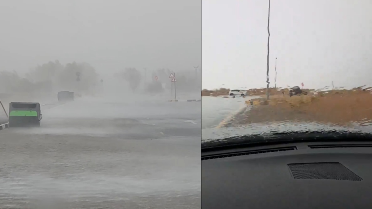 UAE Weather: Hail Falls on Al Dhaid Road in Sharjah Amid Unstable Conditions | Photo Credit: https://x.com/Storm_centre
