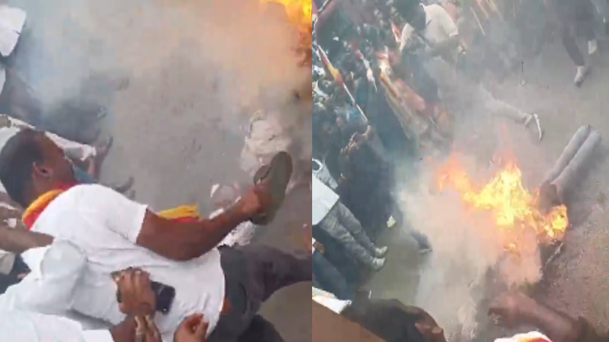 TVK Workers Burn Effigy of Udhayanidhi Stalin During Protest in Dharmapuri | Photo Credit: https://x.com/Vignesh_twitz