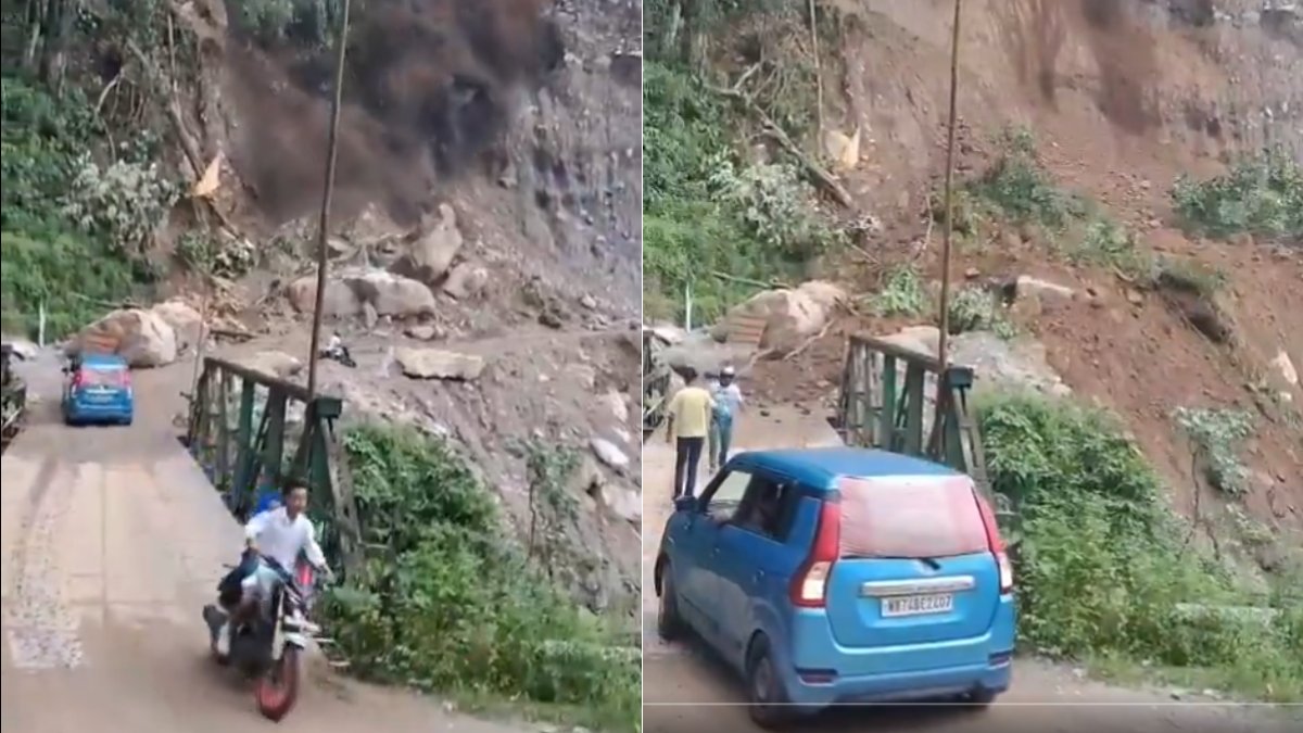 West Bengal Landslide in Kalimpong's Bindu Caught on Camera as Biker Narrowly Escapes Falling Hill