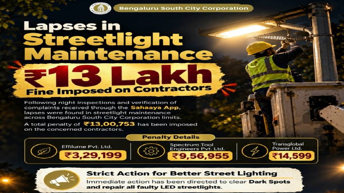 Bengaluru South City Corporation Imposes ₹13 Lakh Penalty on Contractors Over Faulty Streetlights