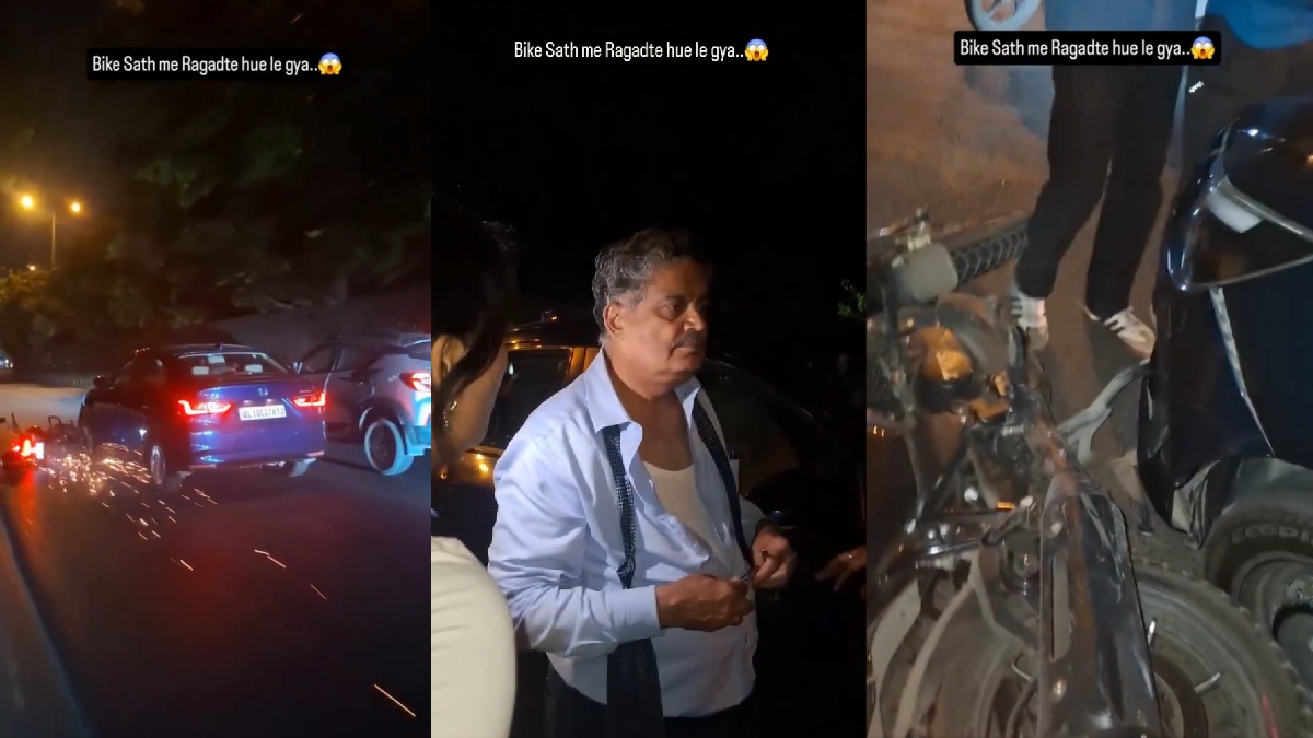 Delhi Road Incident: Blue Honda Amaze Drags Motorcycle | Photo Credit: x.com/moronhumor
