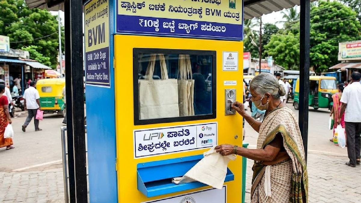 ಪ್ಲಾಸ್ಟಿಕ್ ಮುಕ್ತ ರಾಮನಗರ: ₹10ಕ್ಕೆ ಬಟ್ಟೆ ಬ್ಯಾಗ್ ನೀಡುವ BVM ಯಂತ್ರ, 8 ಕಡೆ ಅಳವಡಿಕೆ | Photo Credit: AI