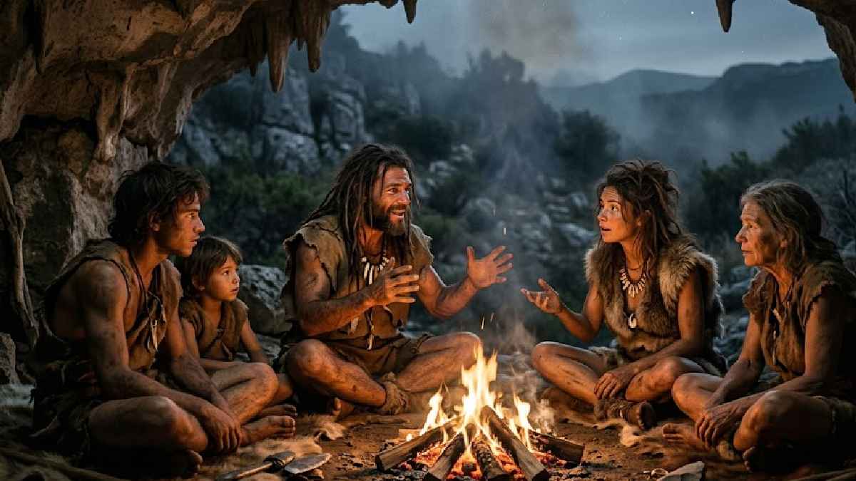 Ancient humans communicating around a fire | Photo Credit: Ai generated