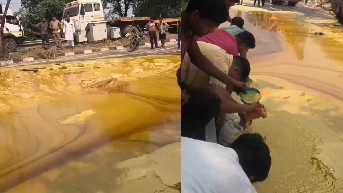 ದೆಹಲಿ-ಲಖನೌ ಹೆದ್ದಾರಿಯಲ್ಲಿ ವಿಚಿತ್ರ ಘಟನೆ-ತುಪ್ಪ ಚೆಲ್ಲುತ್ತಿದ್ದಂತೆ ಪಾತ್ರೆ ಹಿಡಿದು ಓಡಿಬಂದ ಜನ!!